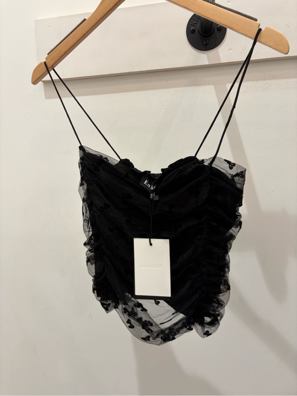 En Saison Black Ruched Embroidered Mesh Crop Cami PM
